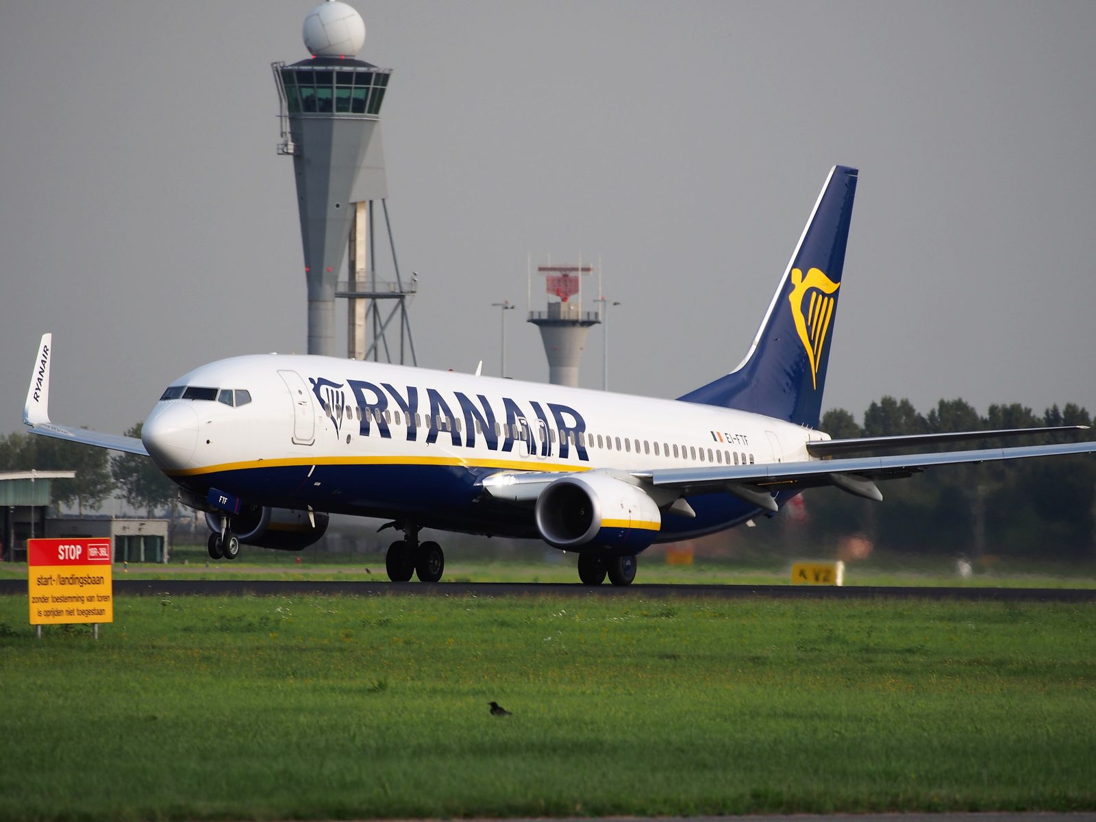 A Boeing 737 plane takes off from a runway