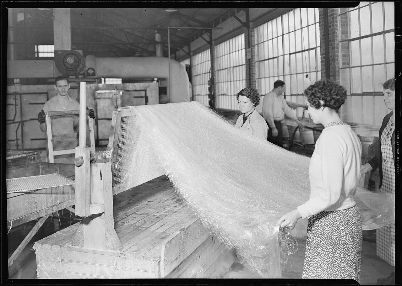 Glass wool insulation being manufactured