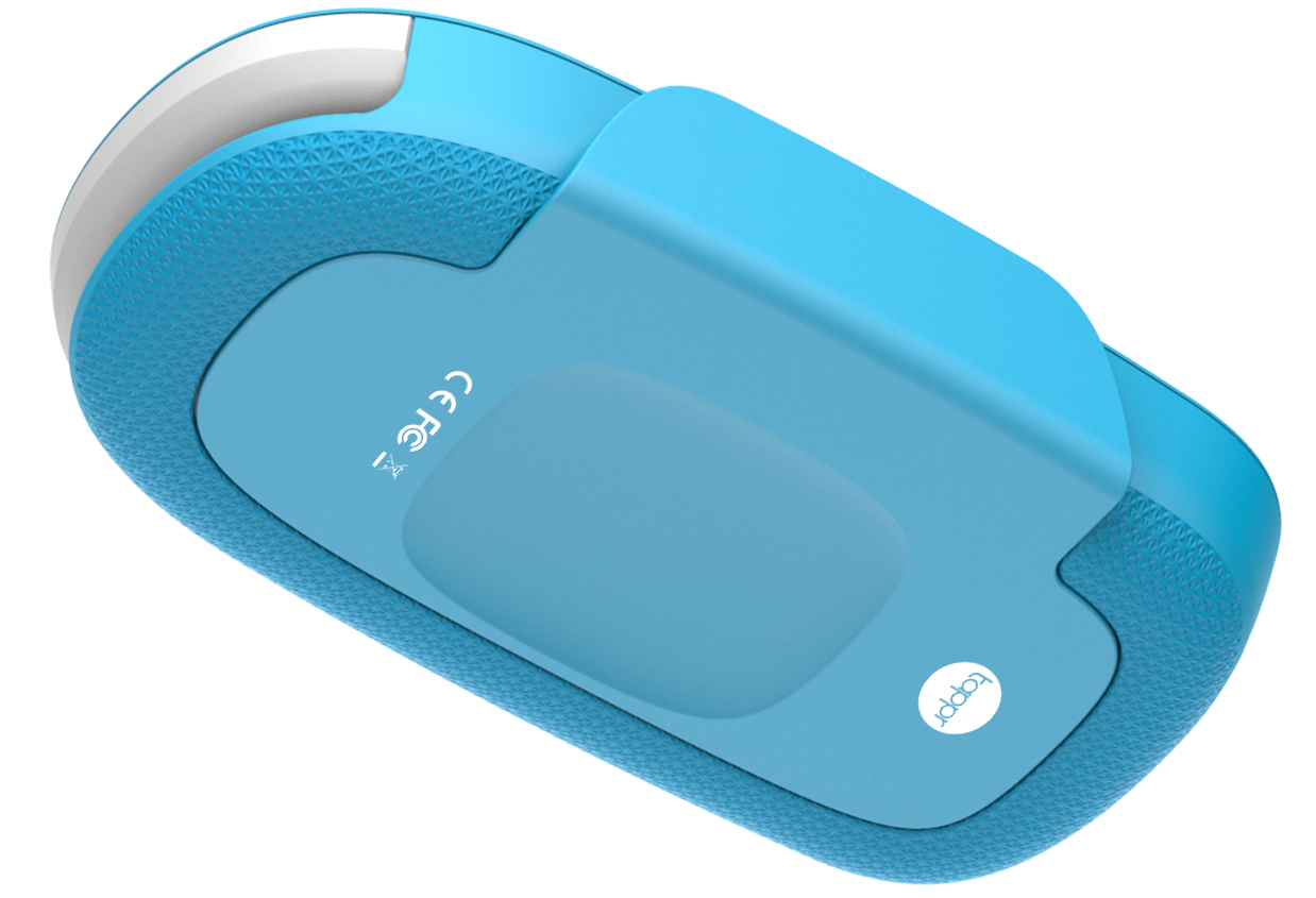 A blue Tappr card reader device seen from the back