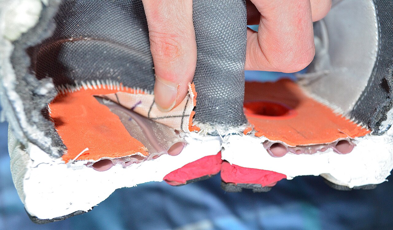A dissected running shoe showing the heel counter and cushioning from the rear