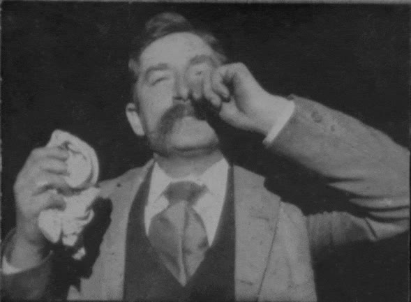 A still from Edison's 1894 film of Fred Ott sneezing, the earliest surviving motion picture of a sneeze