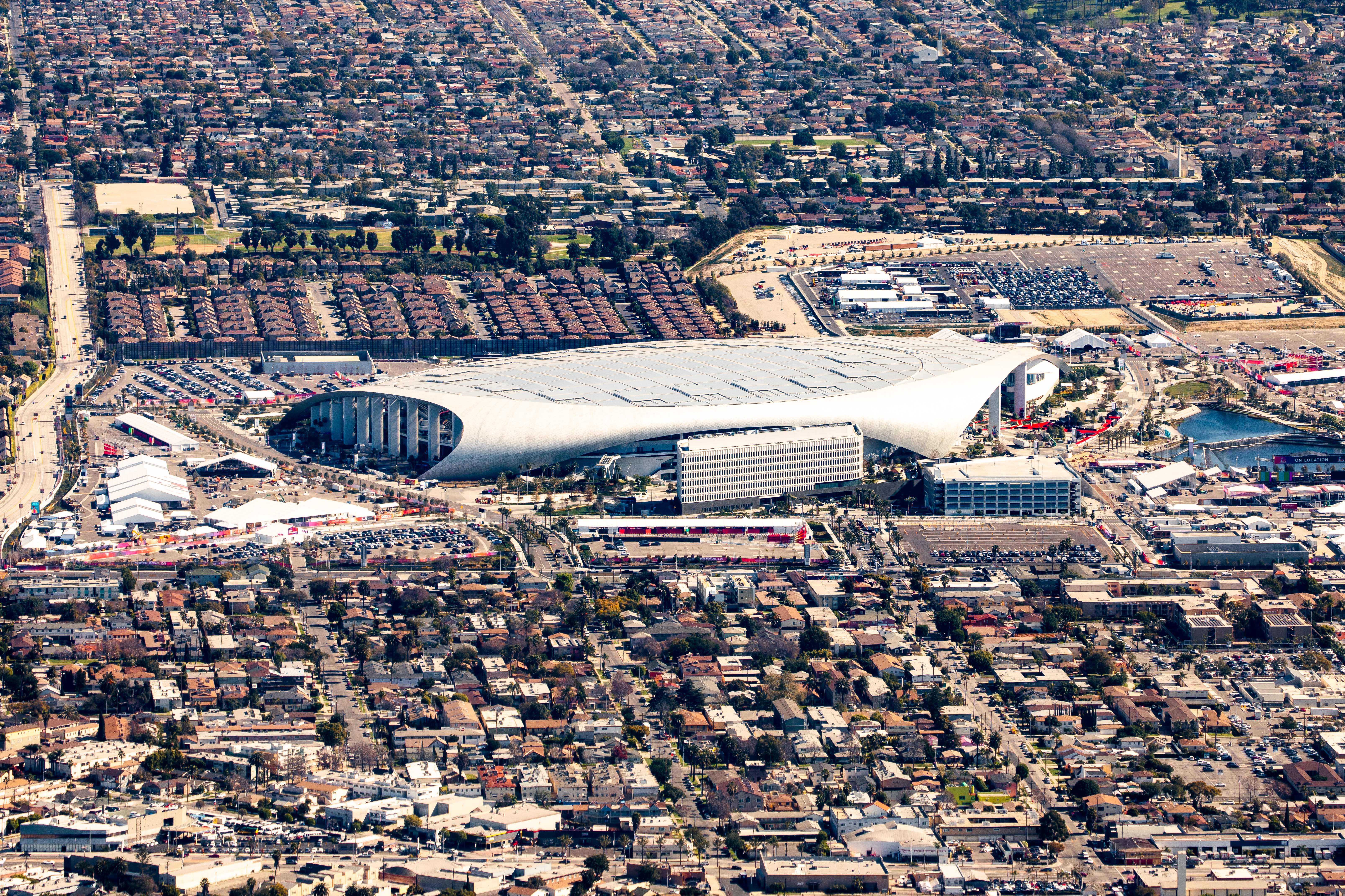 Aerial view of SoFi Stadium in Inglewood, California, the host venue of Super Bowl LXI