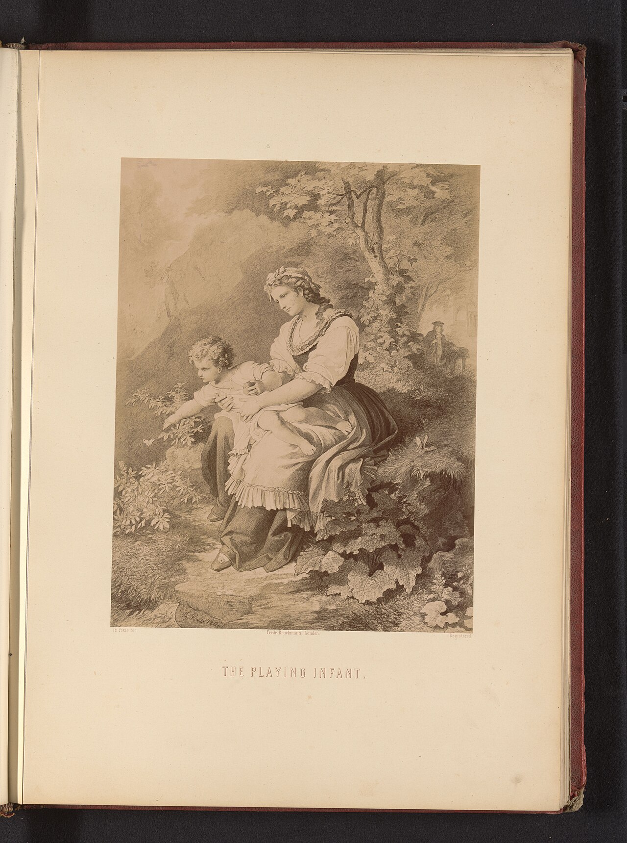 A 19th-century print titled The Playing Infant, showing a mother with her child
