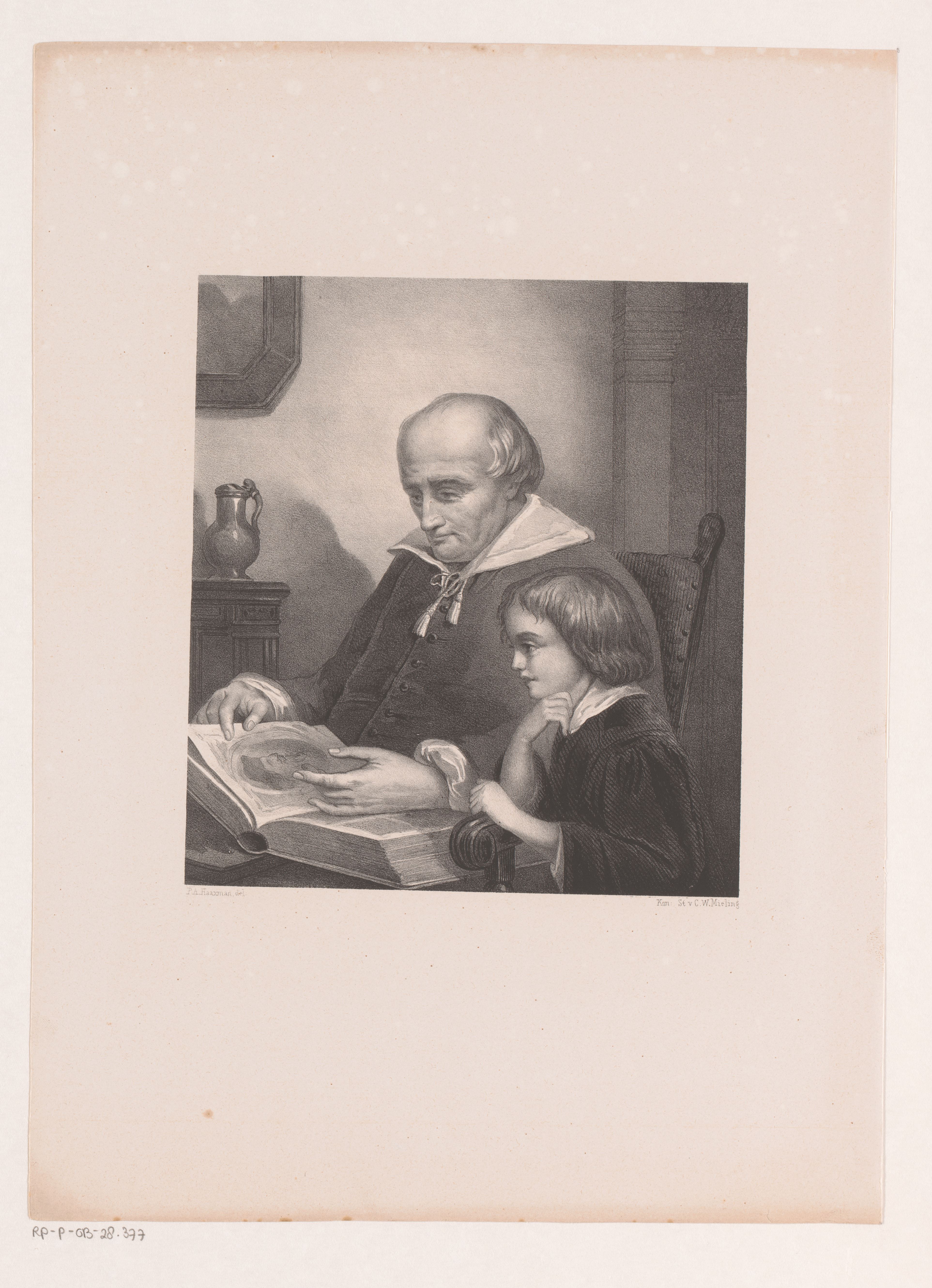 An engraving of an adult and child looking at a book together