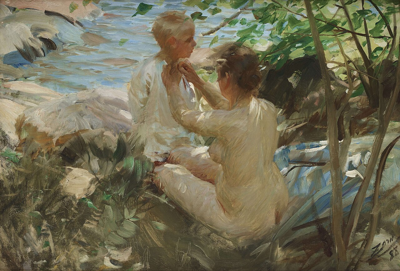An 1888 painting by Anders Zorn shows a mother dressing her young child