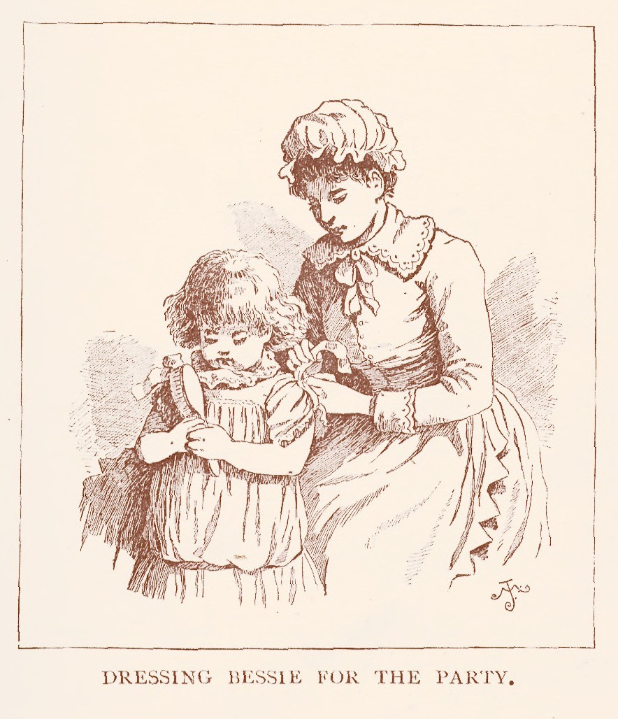 An 1886 illustration titled Dressing Bessie for the Party, by Margaret Johnson