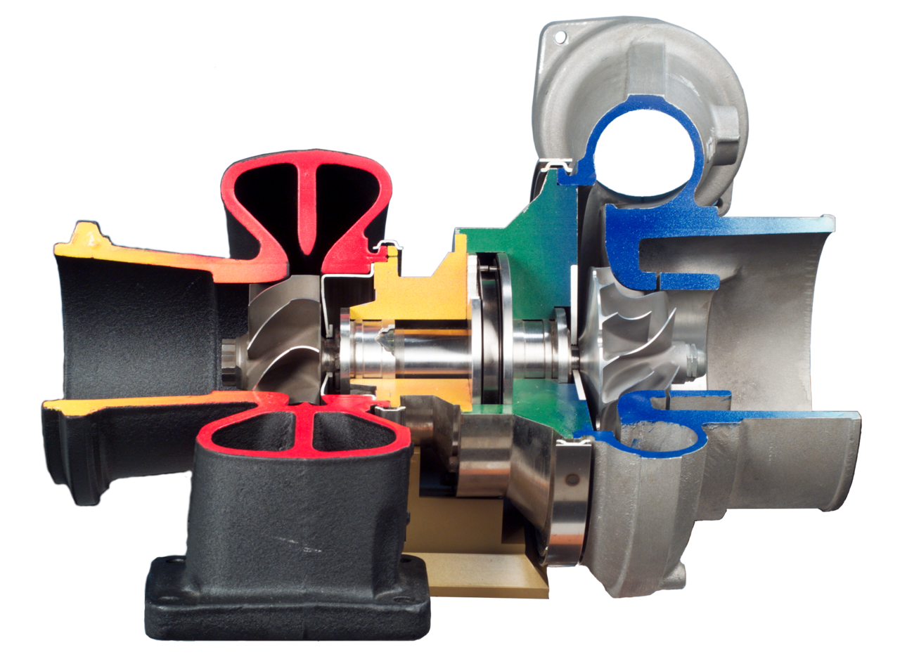 A turbocharger cutaway showing the turbine and compressor wheels on a shared shaft