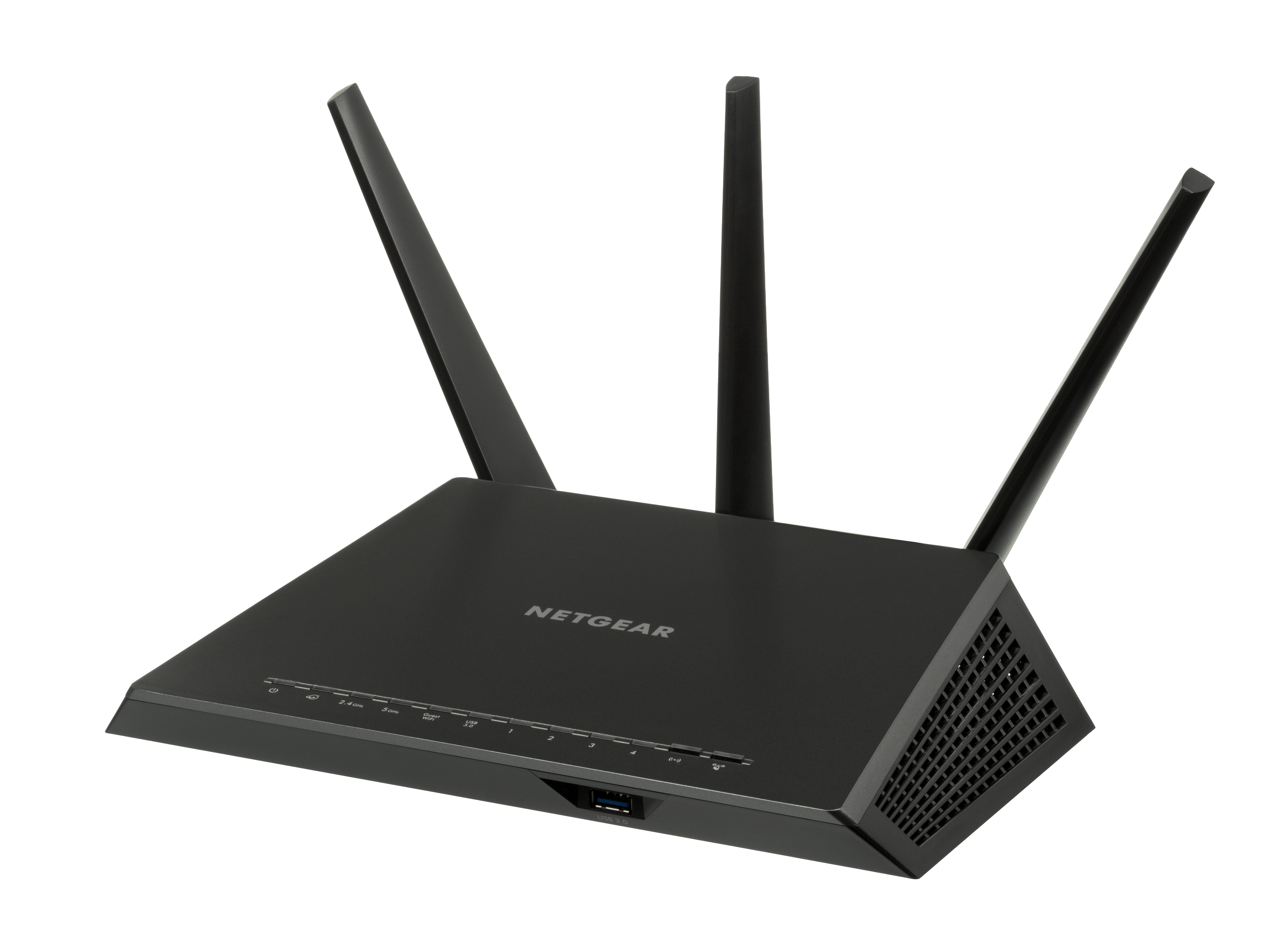 A Netgear Nighthawk AC1900 Wi-Fi router with external antennas, a typical high-end home router
