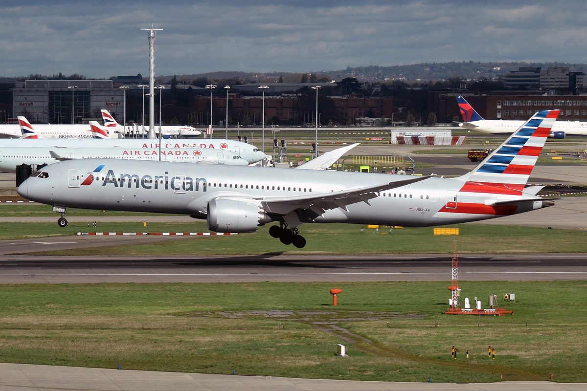 An American Airlines jet at an airport gate