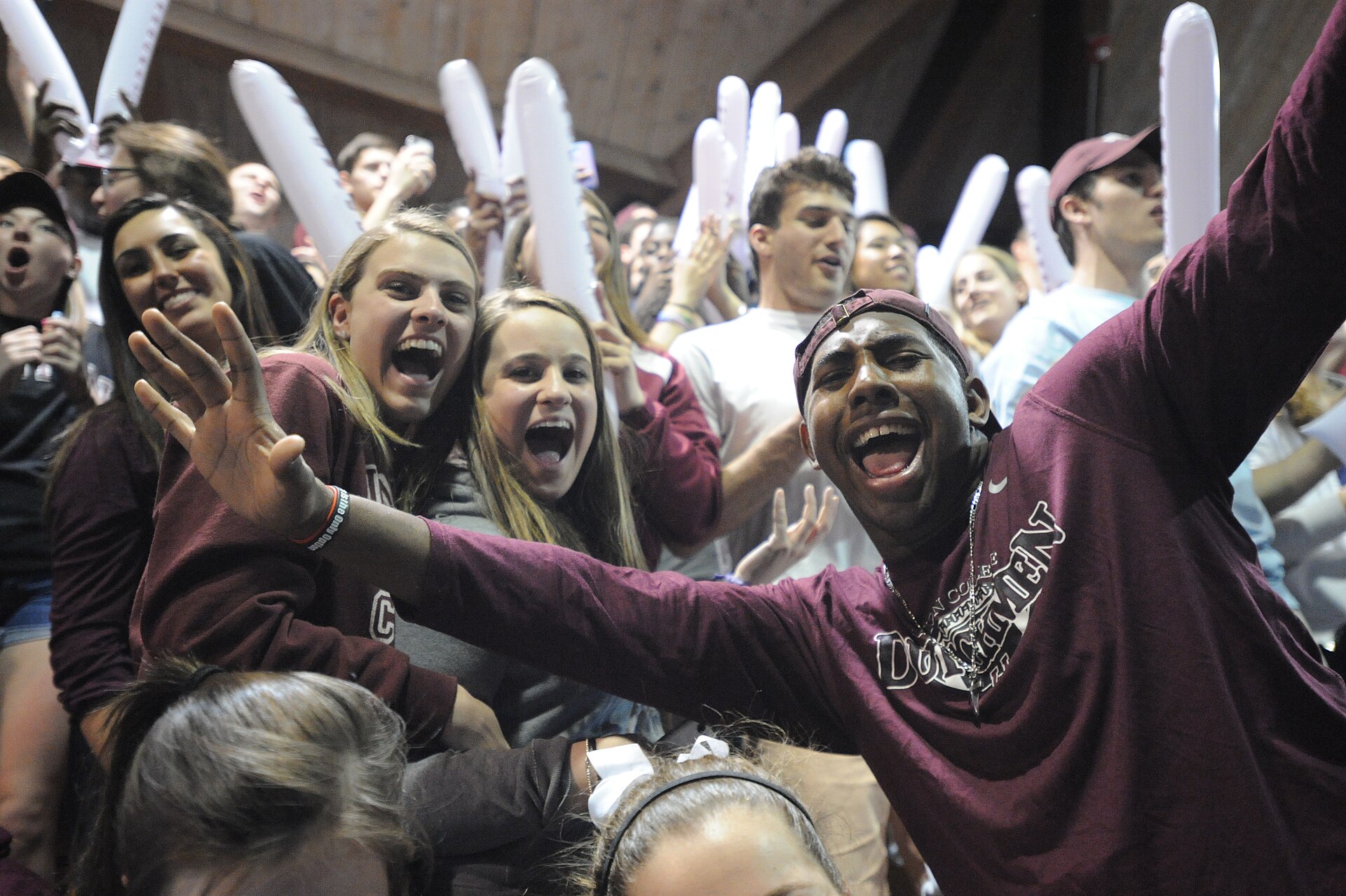 Fans cheer at a hockey game in a packed arena