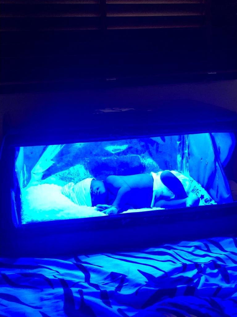 A baby resting in a crib