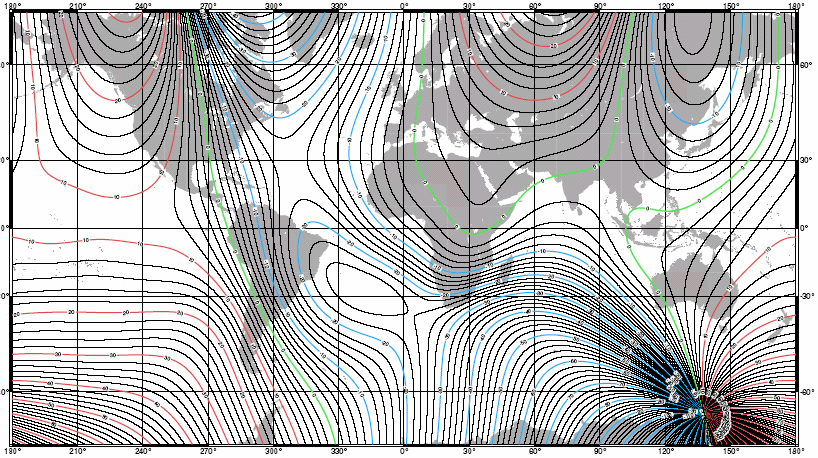 A world map showing magnetic declination lines across the globe