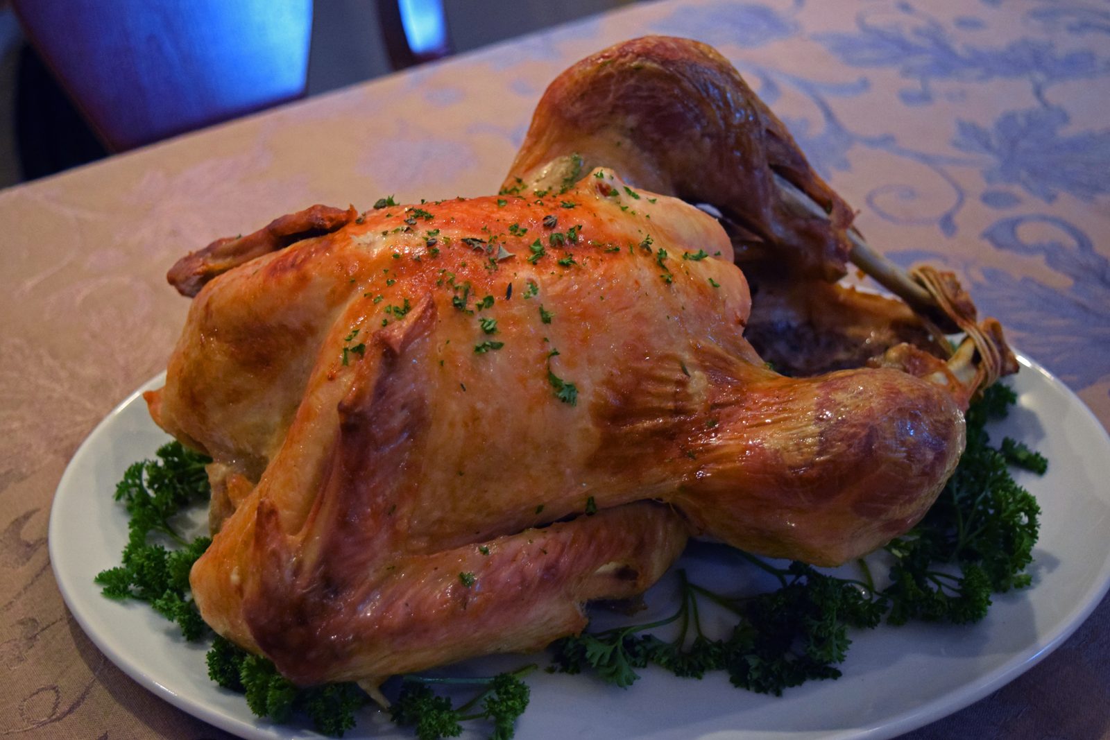 A roast turkey on a serving dish