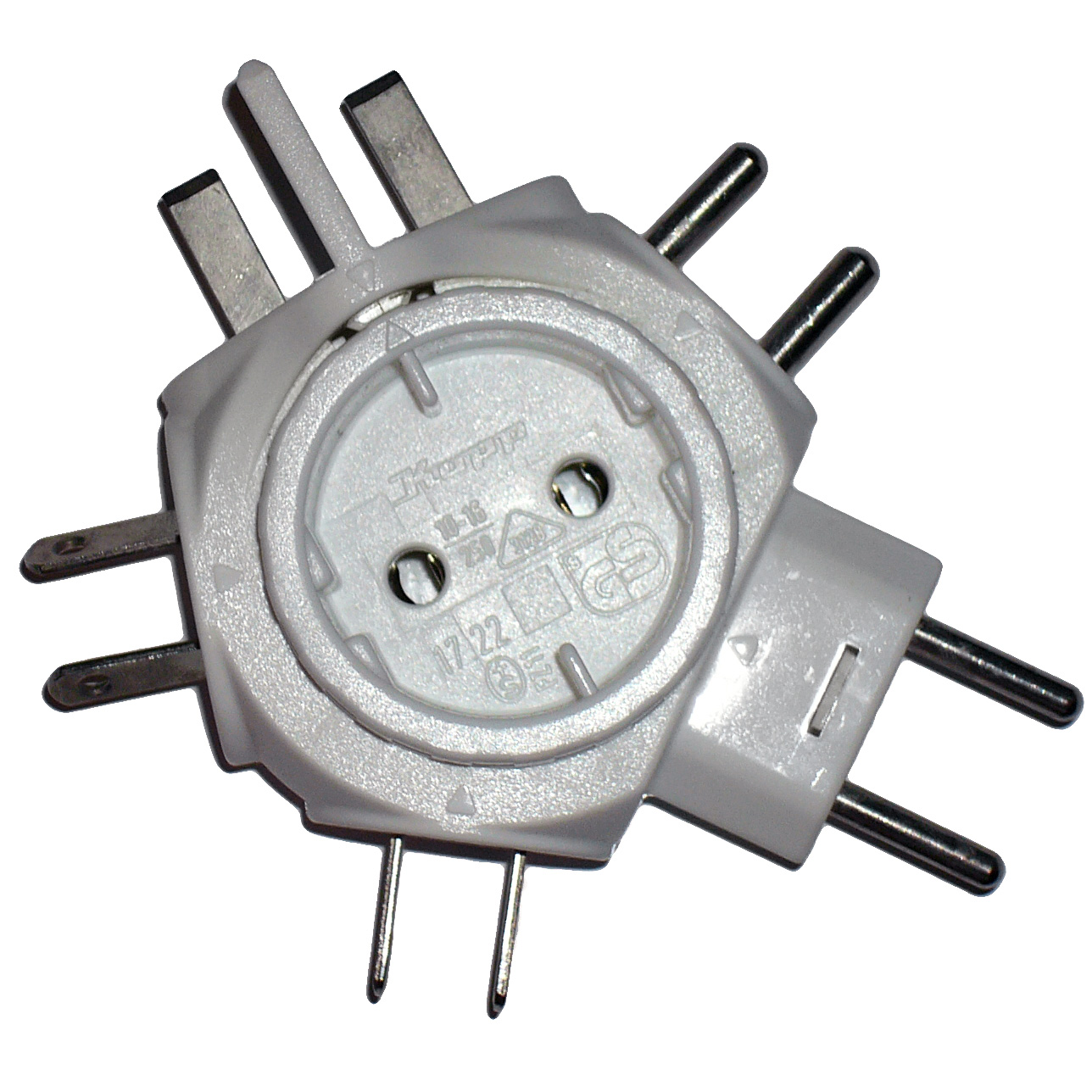 A travel adapter with interchangeable plugs for different outlets