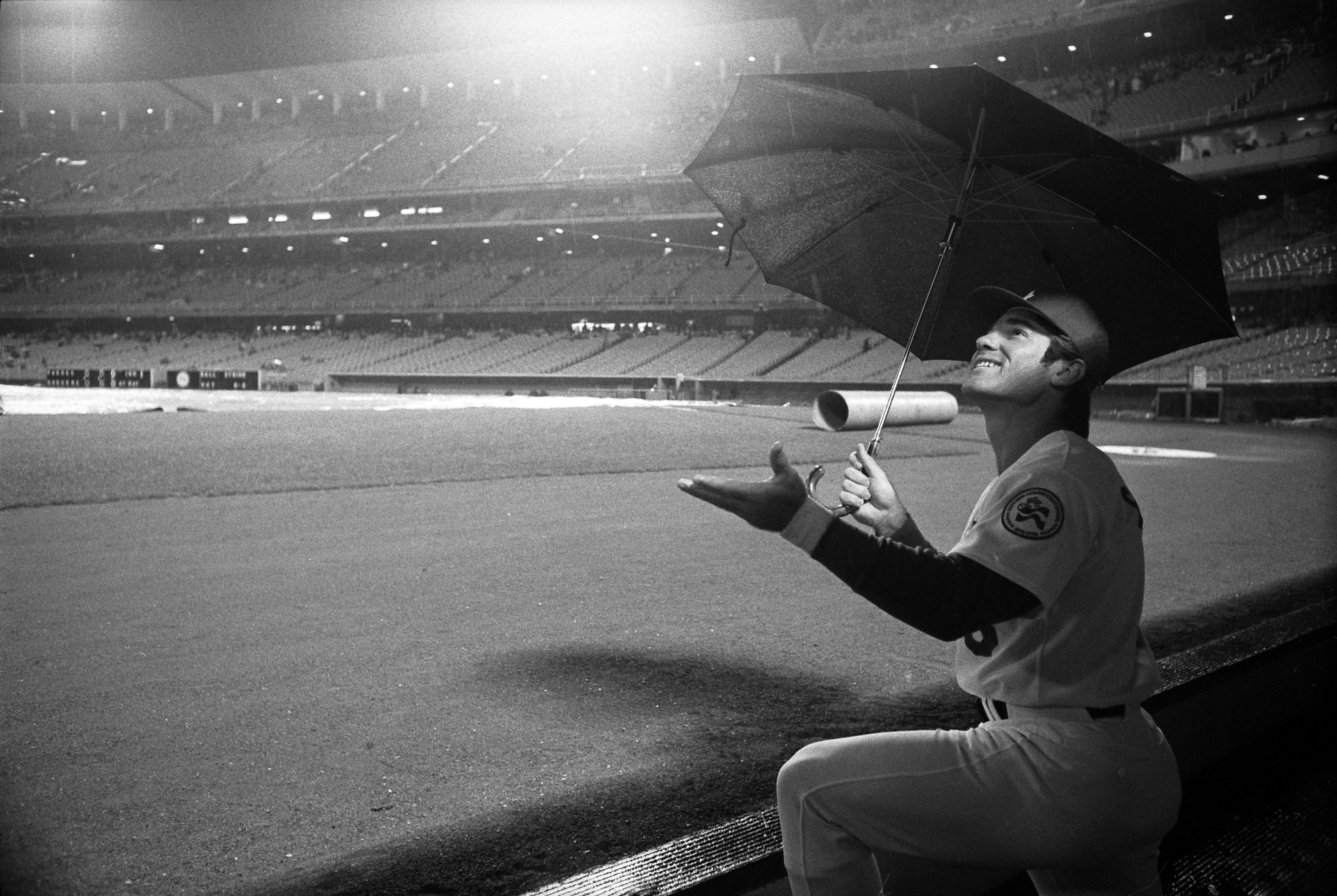 Rain falls at Dodger Stadium during a past game