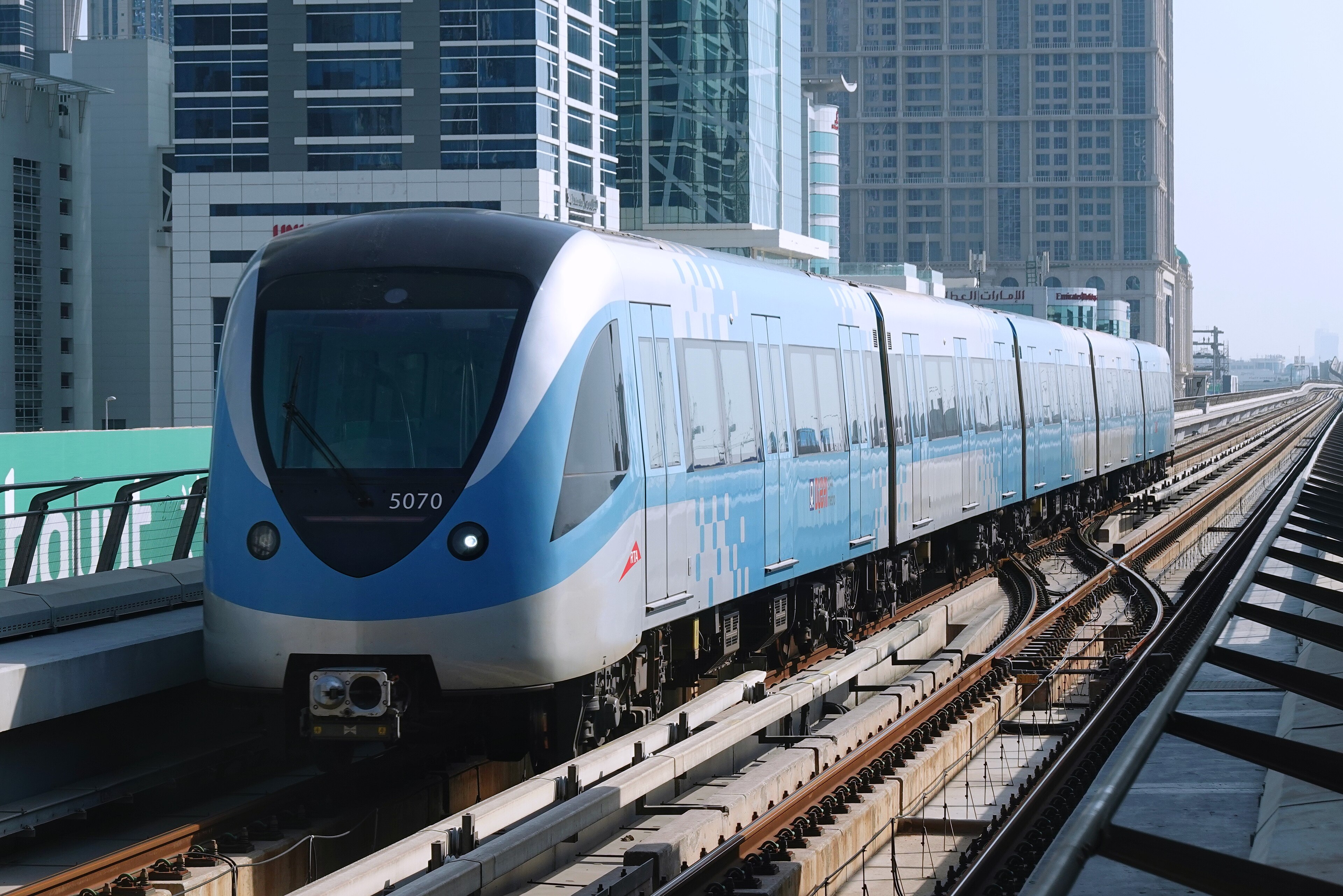 A Dubai Metro train enters Business Bay station