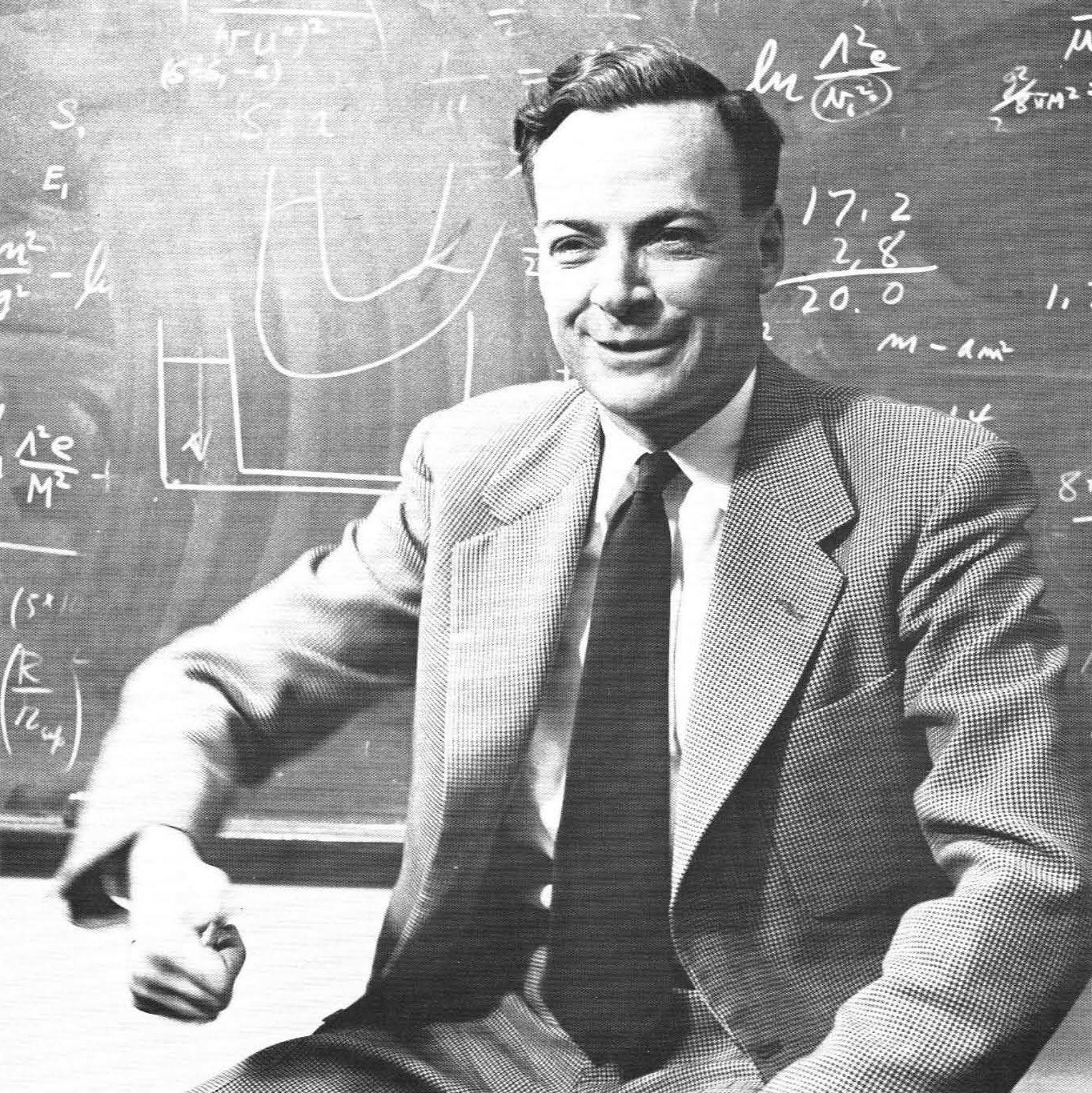 Portrait of physicist Richard Feynman, smiling, in 1959