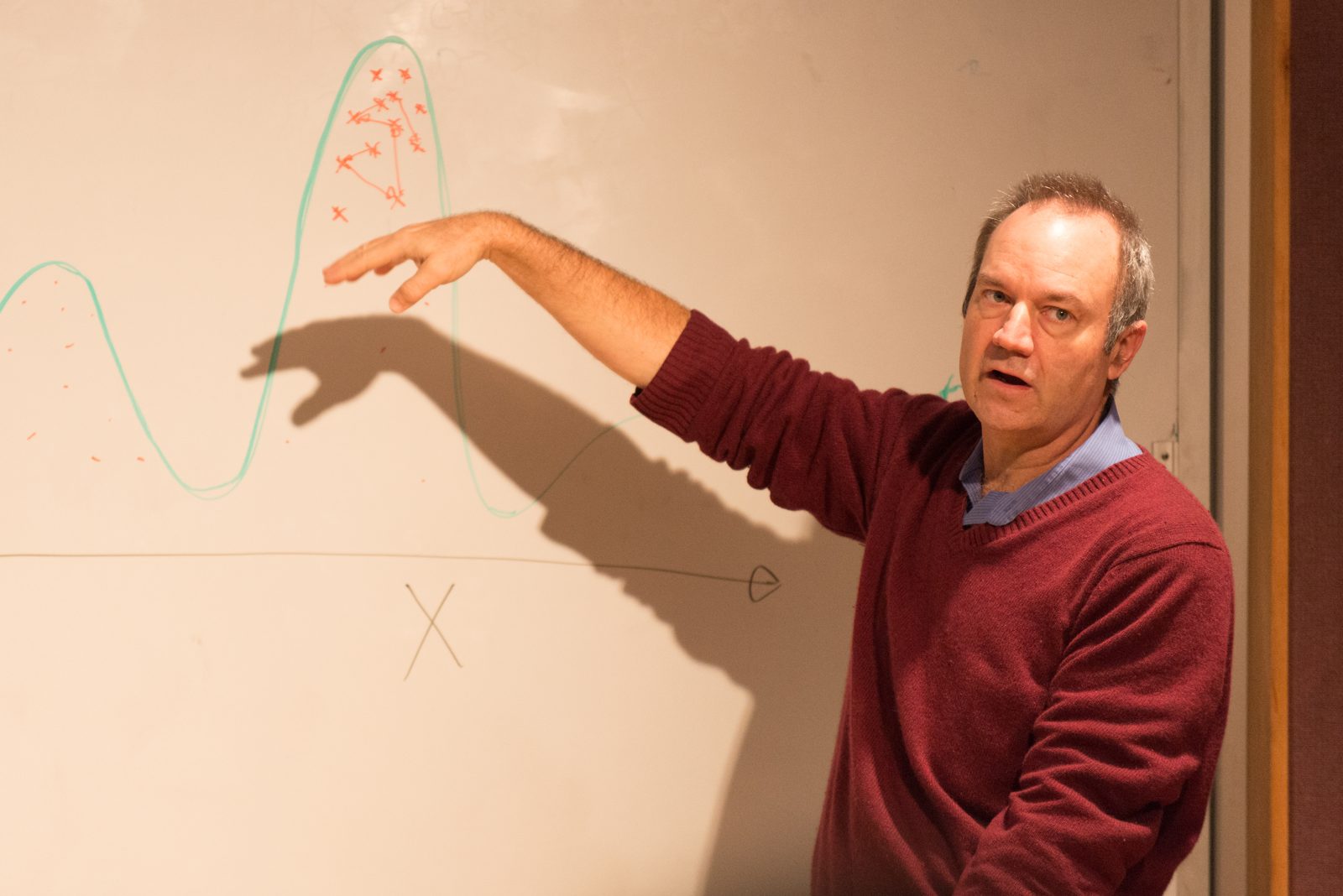 A lecturer explaining material at a whiteboard in front of a class