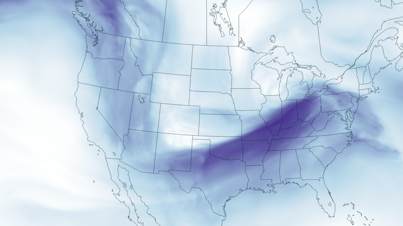 A weather map showing the jet stream over the United States