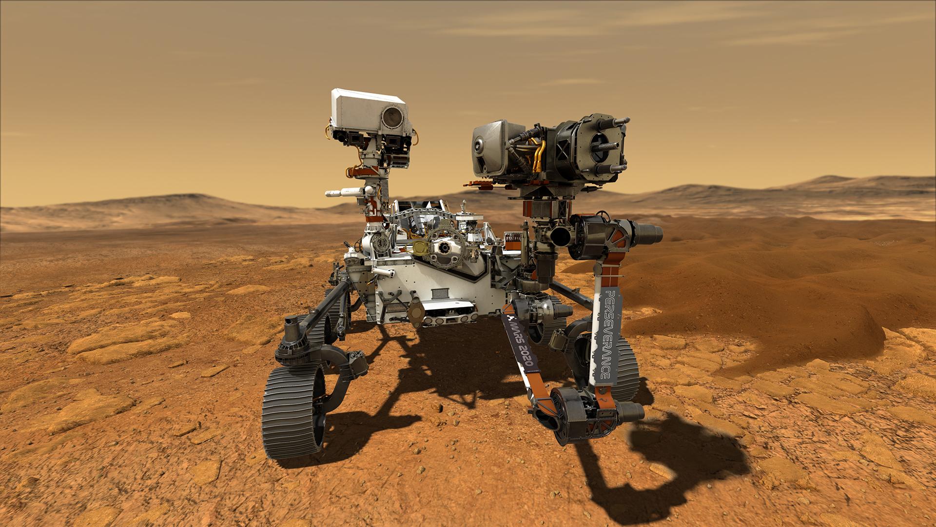 An illustration shows NASA's Perseverance rover at work on the surface of Mars