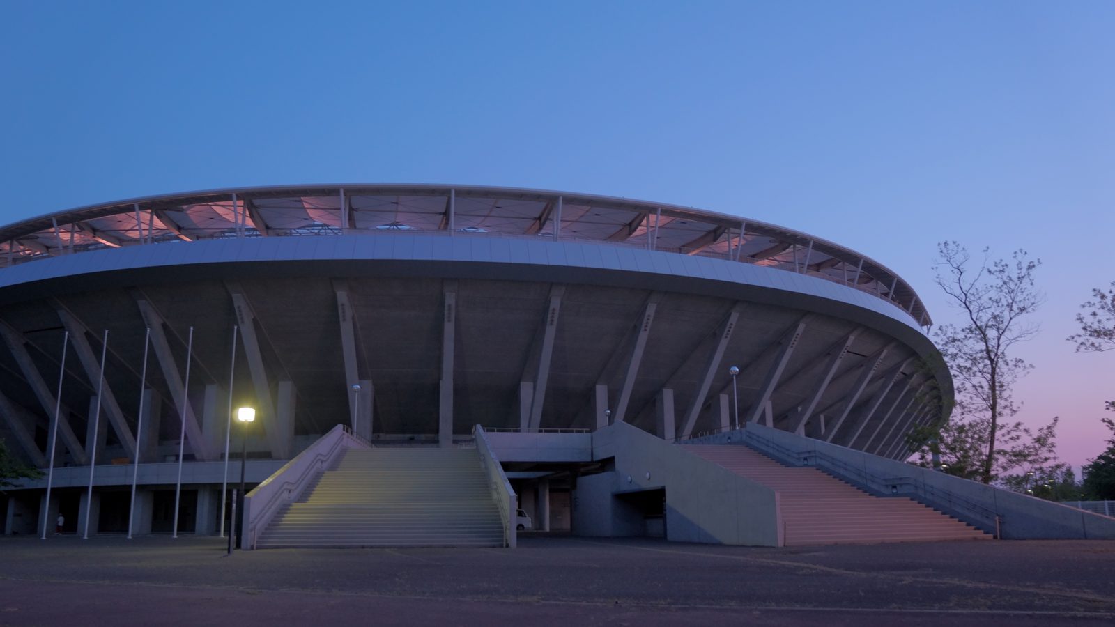 A second view of a baseball stadium in evening light