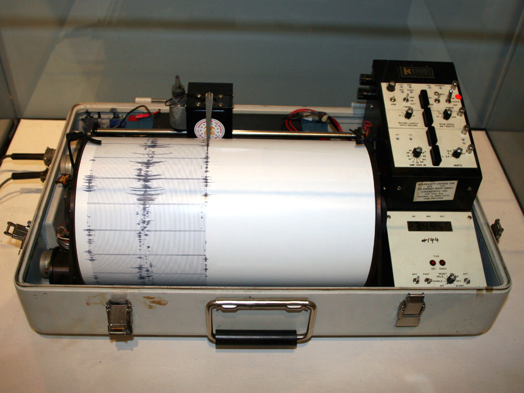 A seismograph instrument used to record ground motion