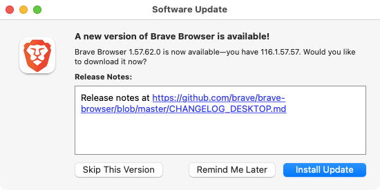 A browser software update prompt on a desktop screen