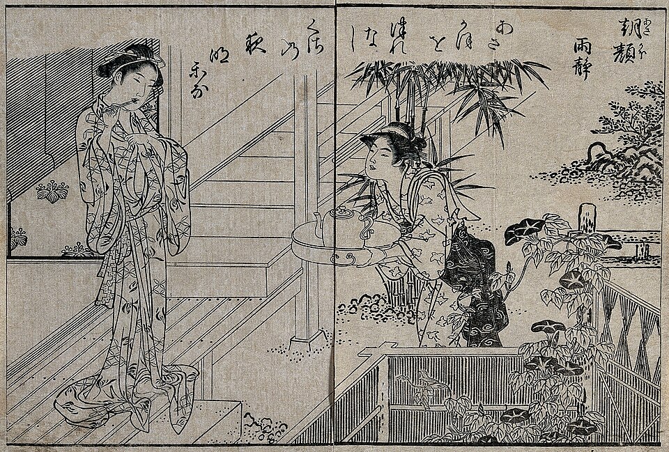 A historical illustration of a woman cleaning her teeth