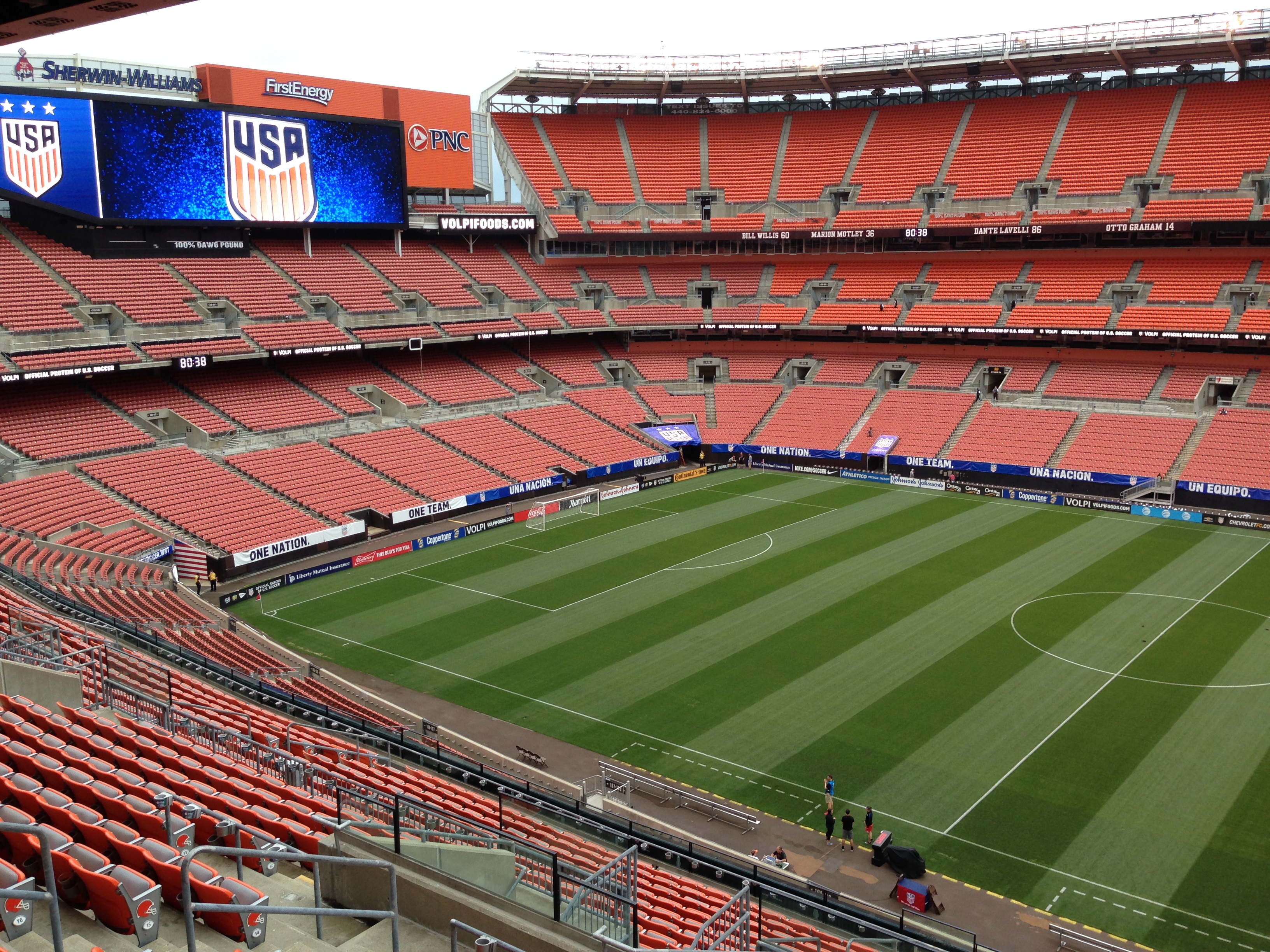 A soccer stadium on match day