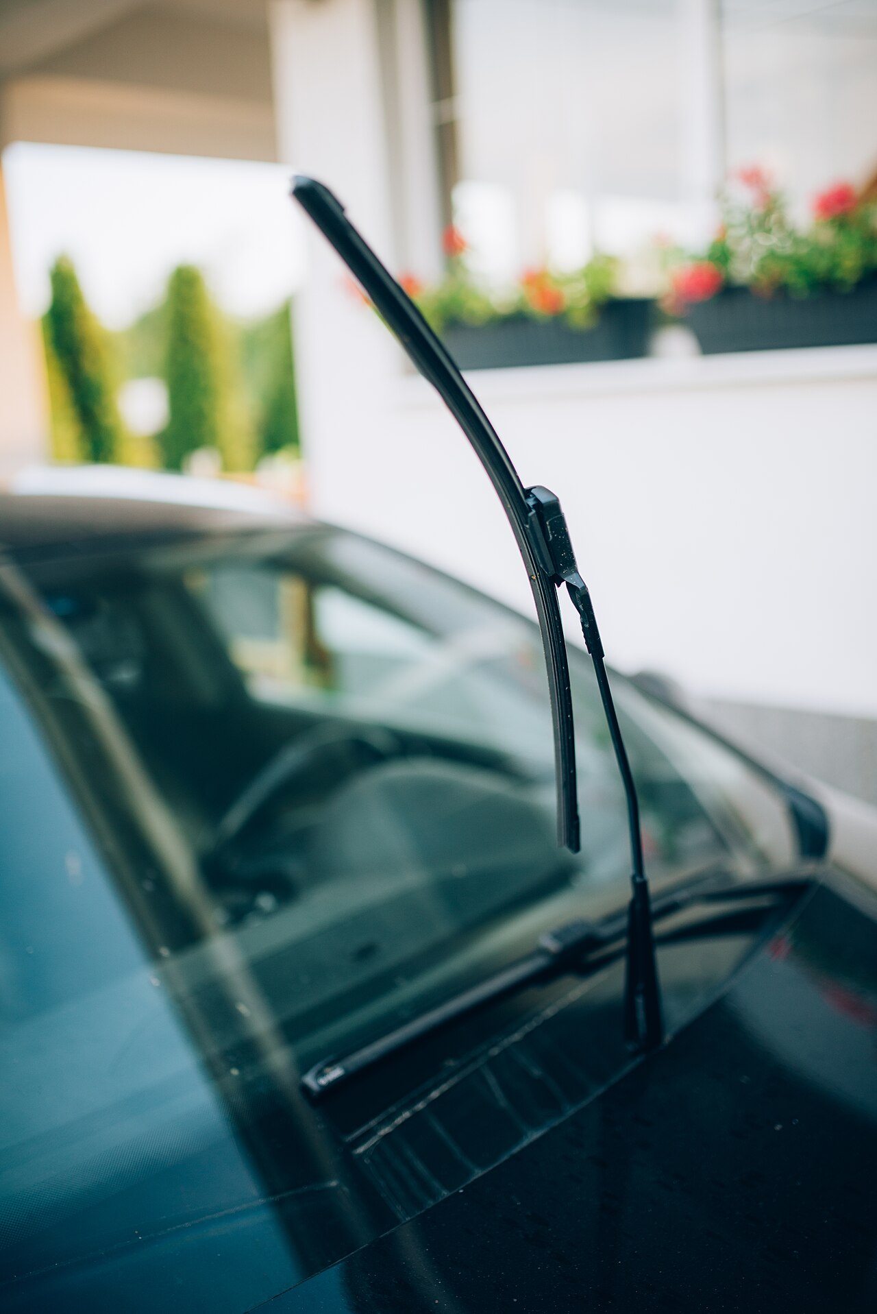 A car windshield wiper standing upright