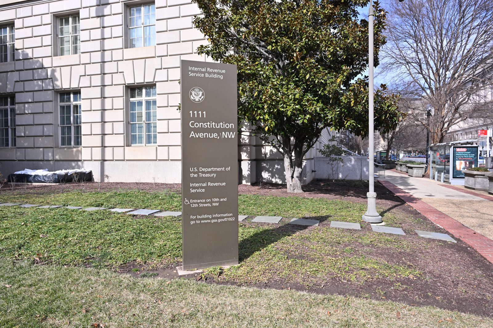 A sign for the Internal Revenue Service building in Washington, D.C.