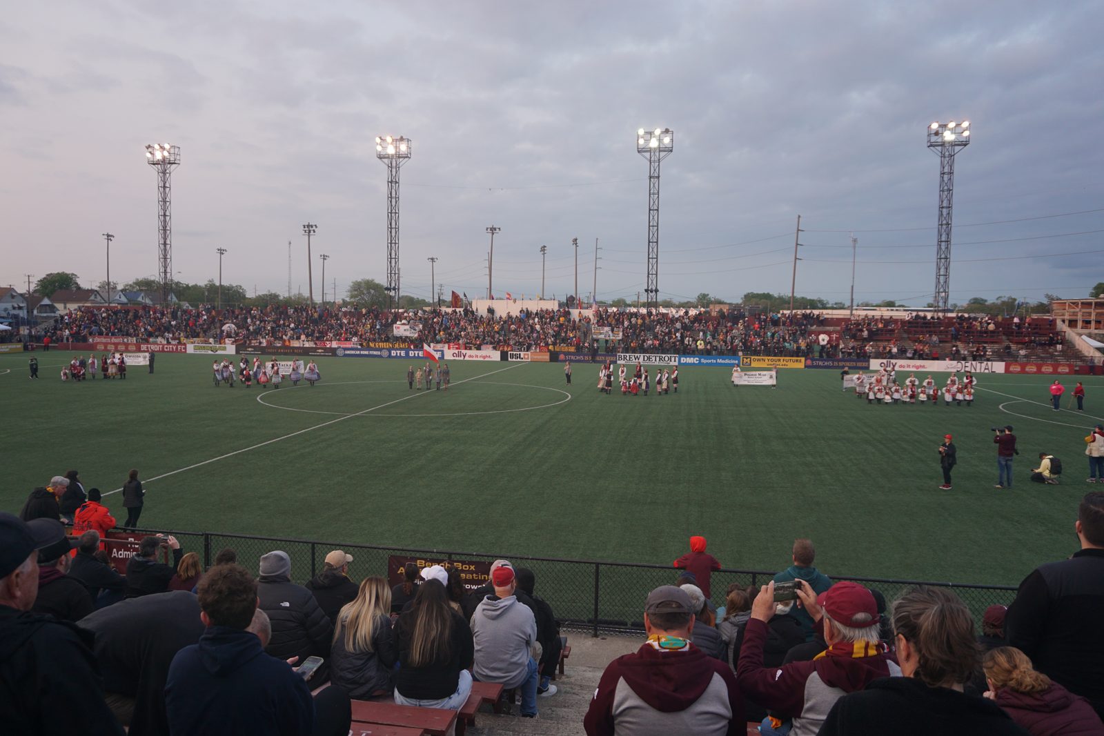 Players fight for the ball during a soccer match