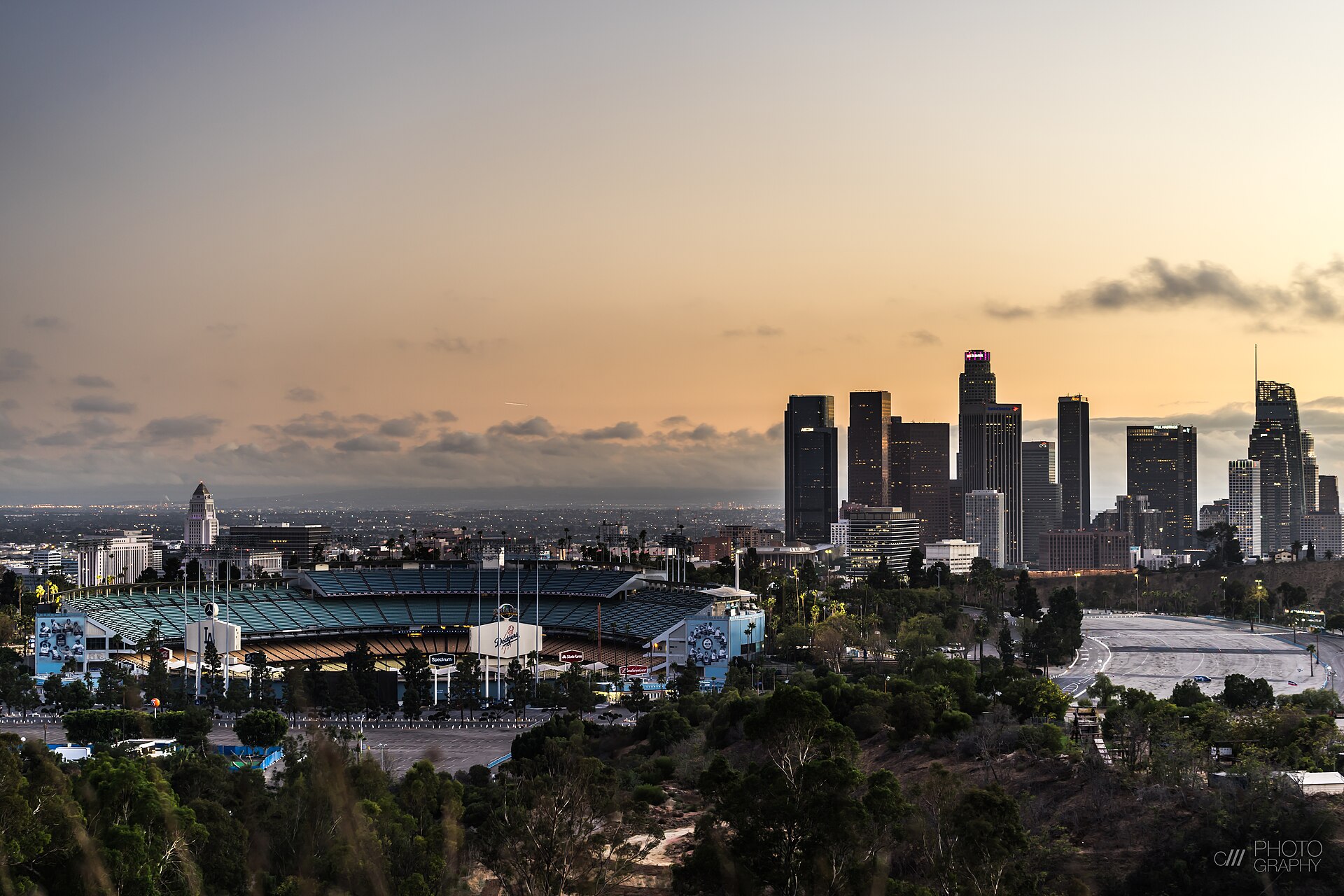 Dodger Stadium with the downtown Los Angeles skyline behind it