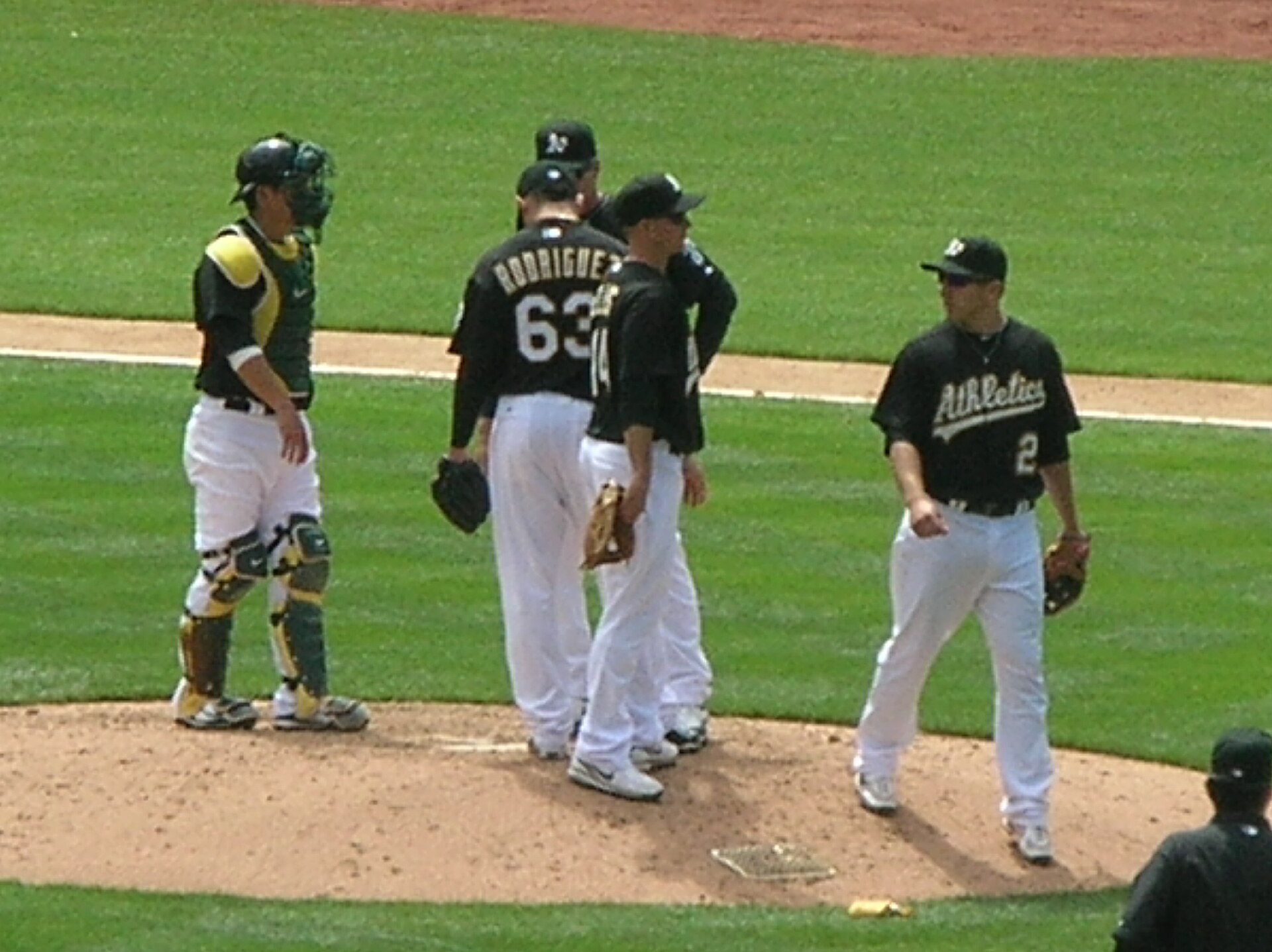A pitcher's mound meeting during a baseball game