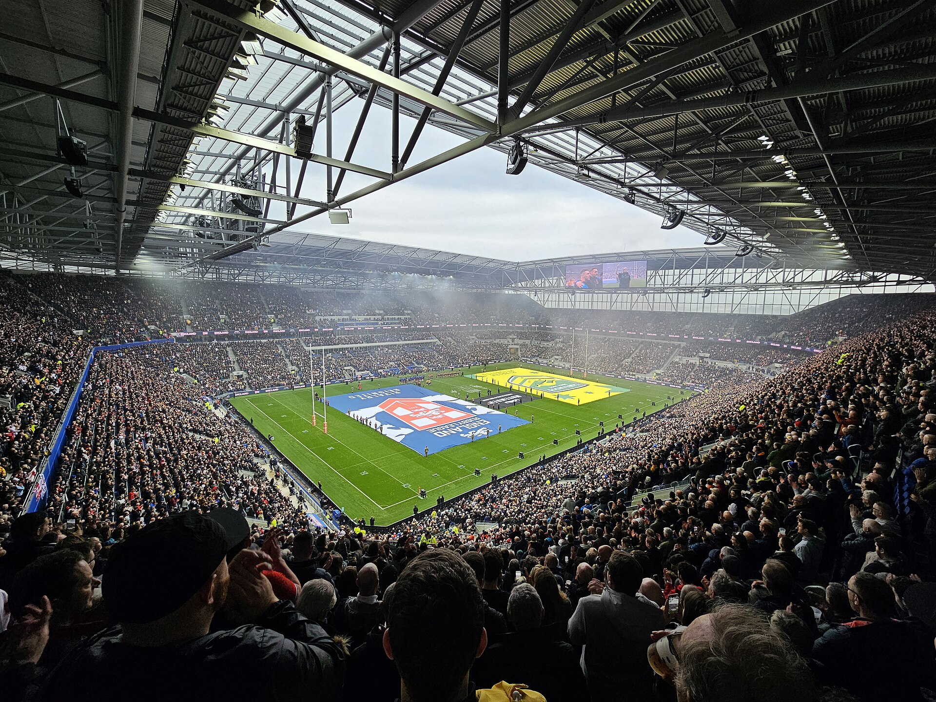 A stadium set up in rugby league formation