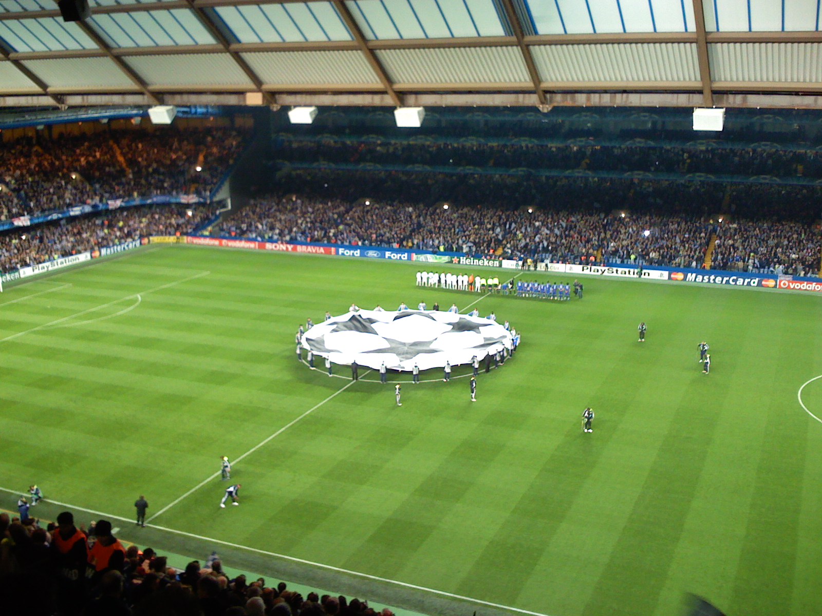 A Champions League banner at Stamford Bridge
