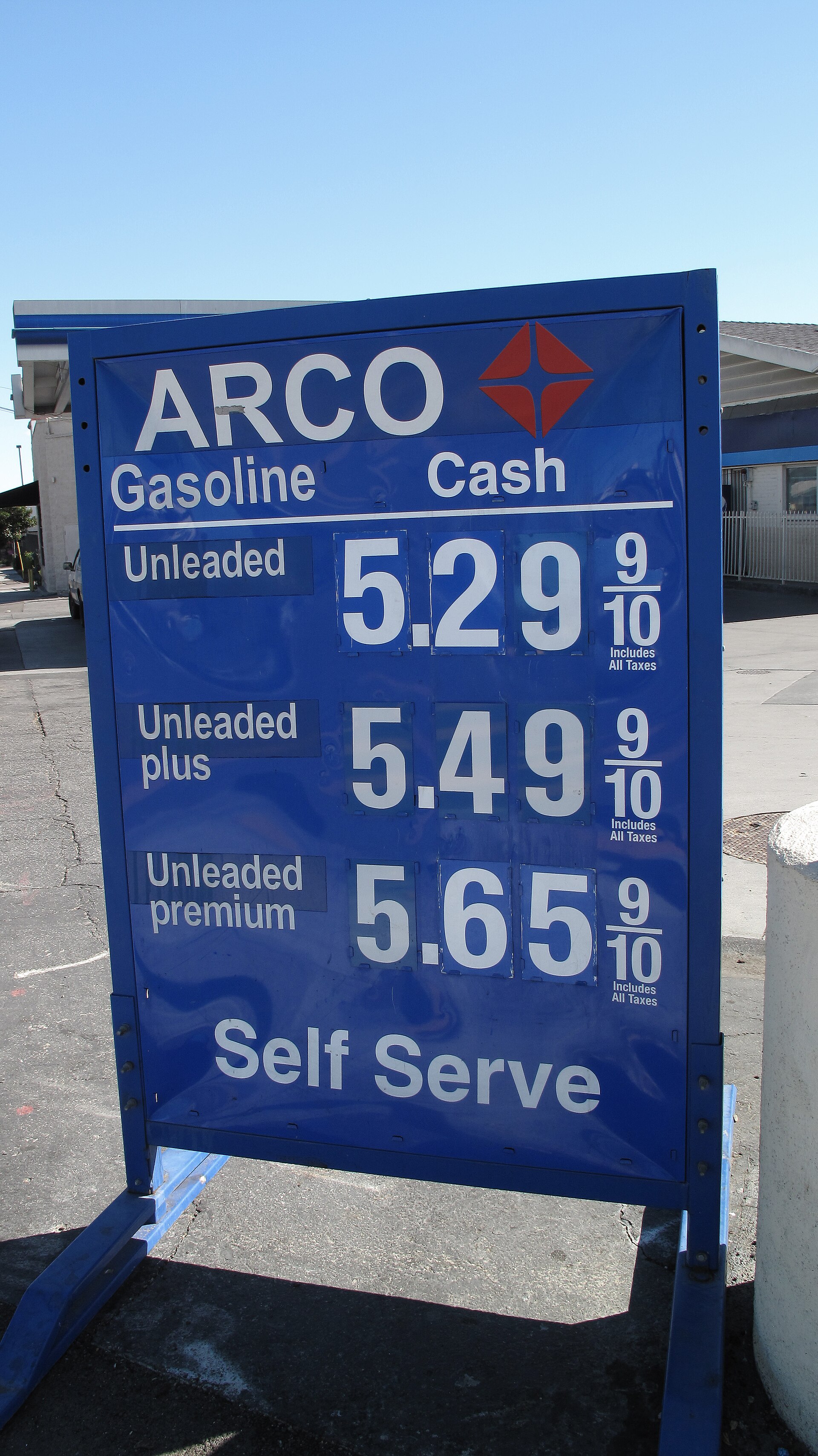 A gas station price sign in Los Angeles