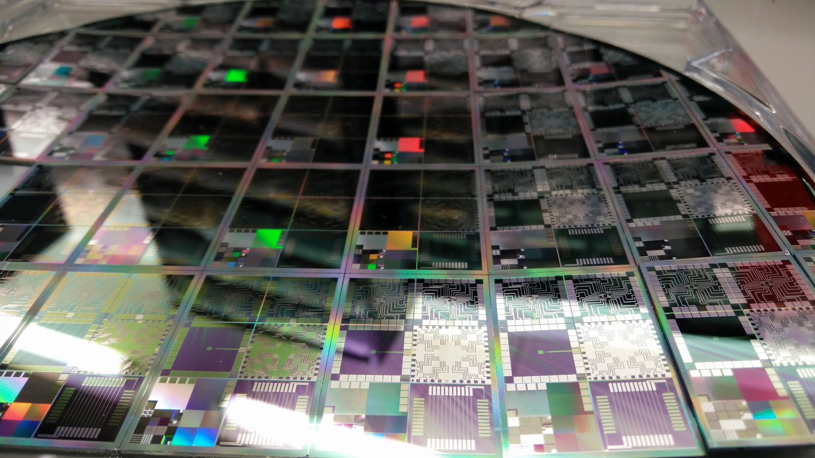 A round silicon wafer used to make computer chips