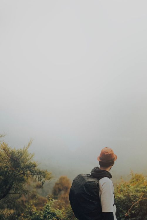 A hiker on a trail in foggy weather