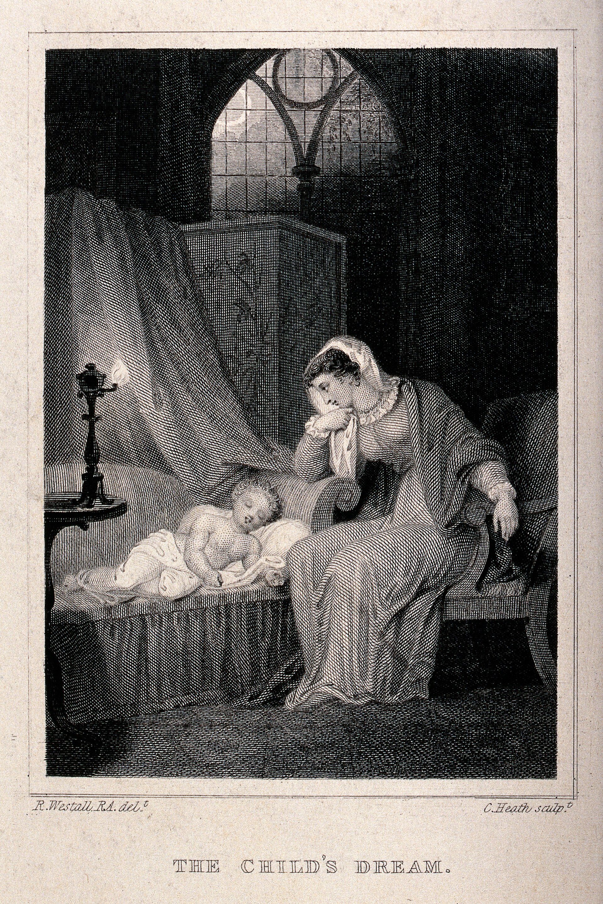 A mother sitting by her child's bed, watching while the child sleeps