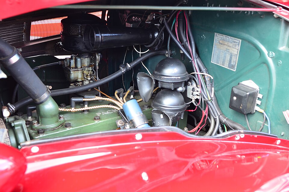 The engine compartment of a 1938 Packard Six