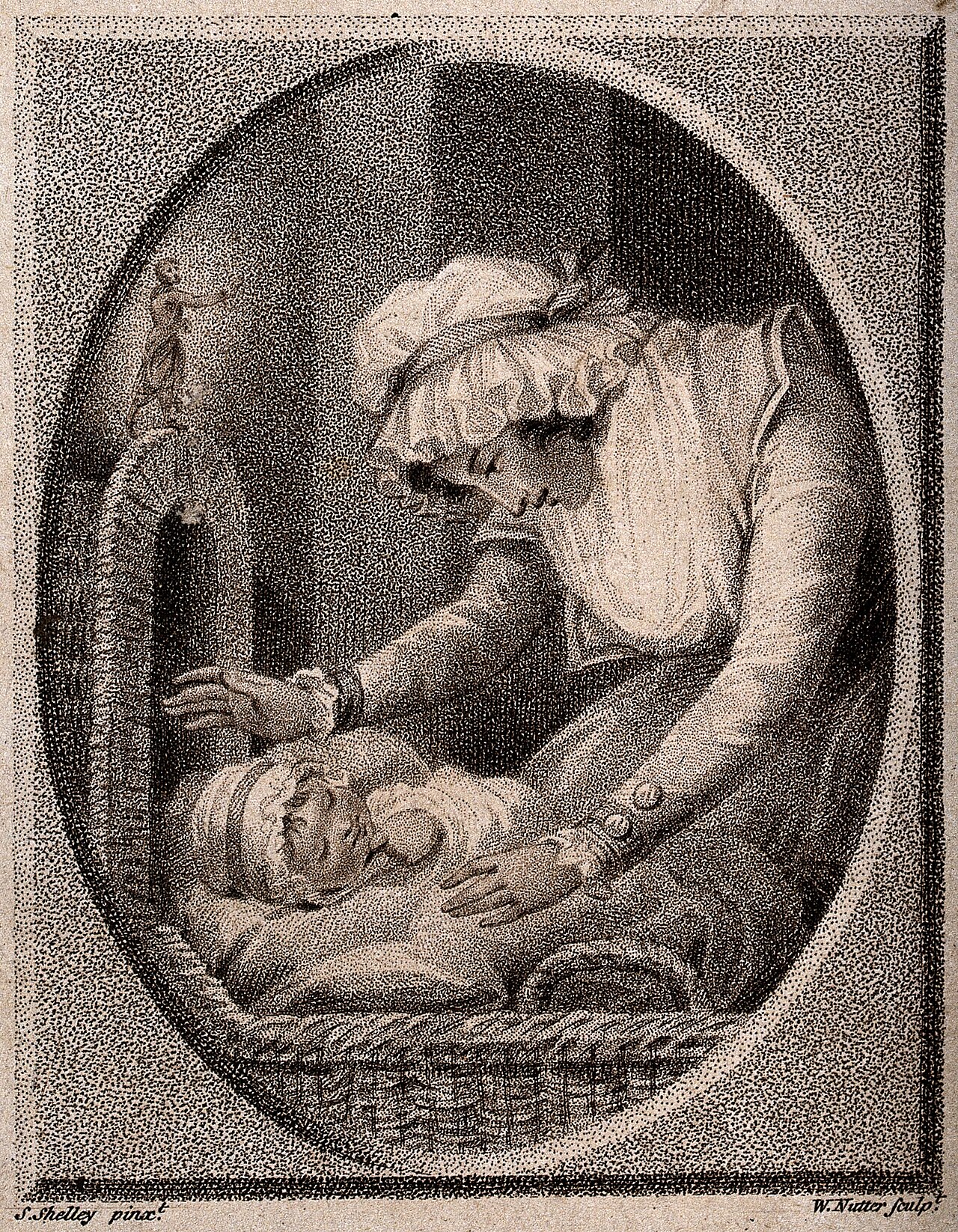 A young mother looks over her baby as it lies sleeping in it Wellcome V0038746