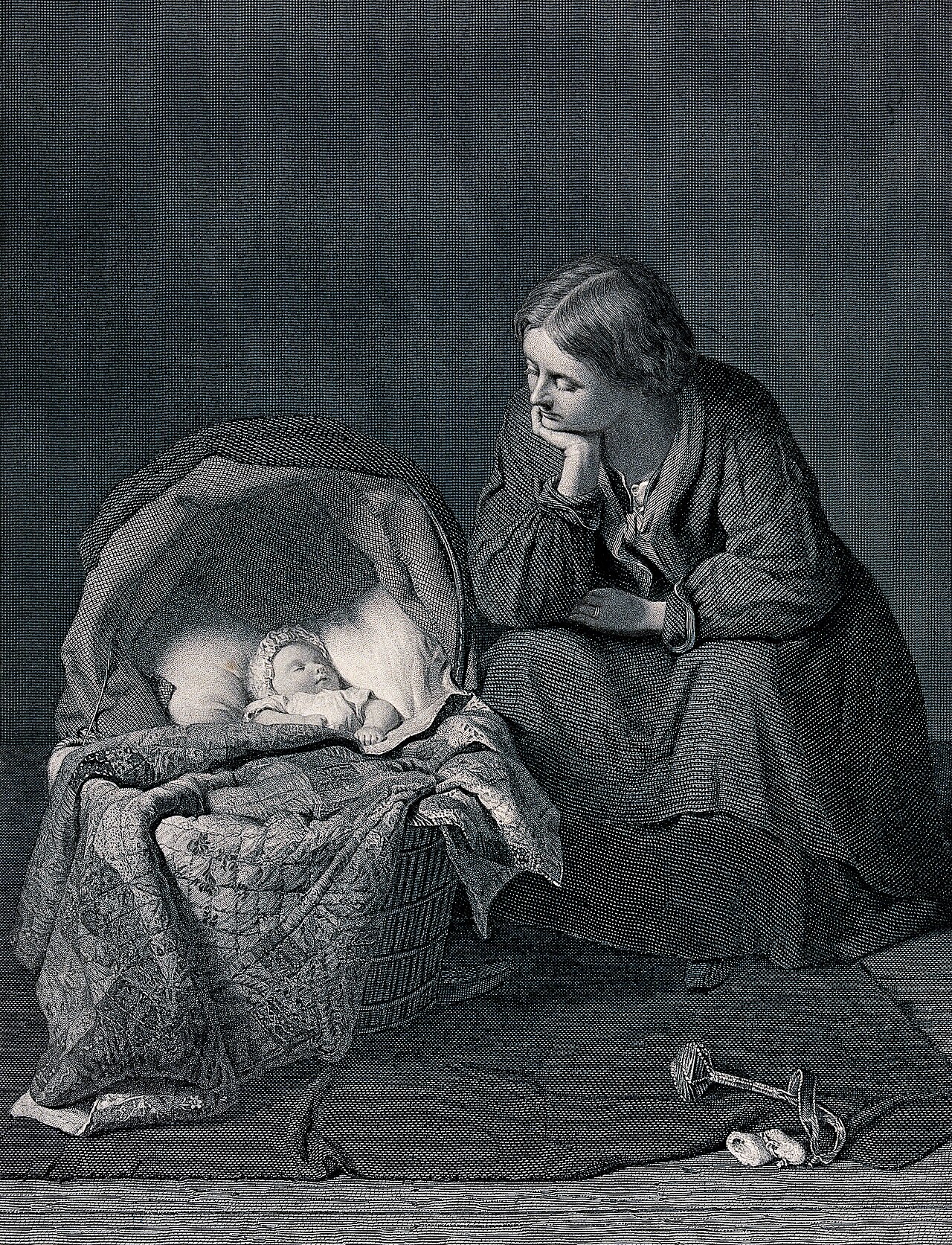 A young mother sits and looks at her baby who is asleep in t Wellcome V0039197