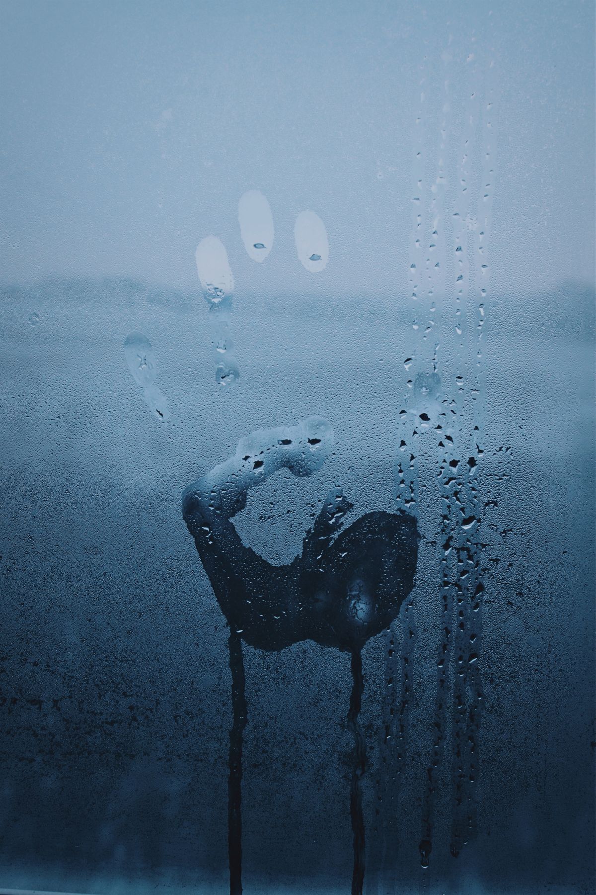 A handprint in condensation on a window pane