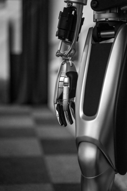 A metallic robot arm in black and white