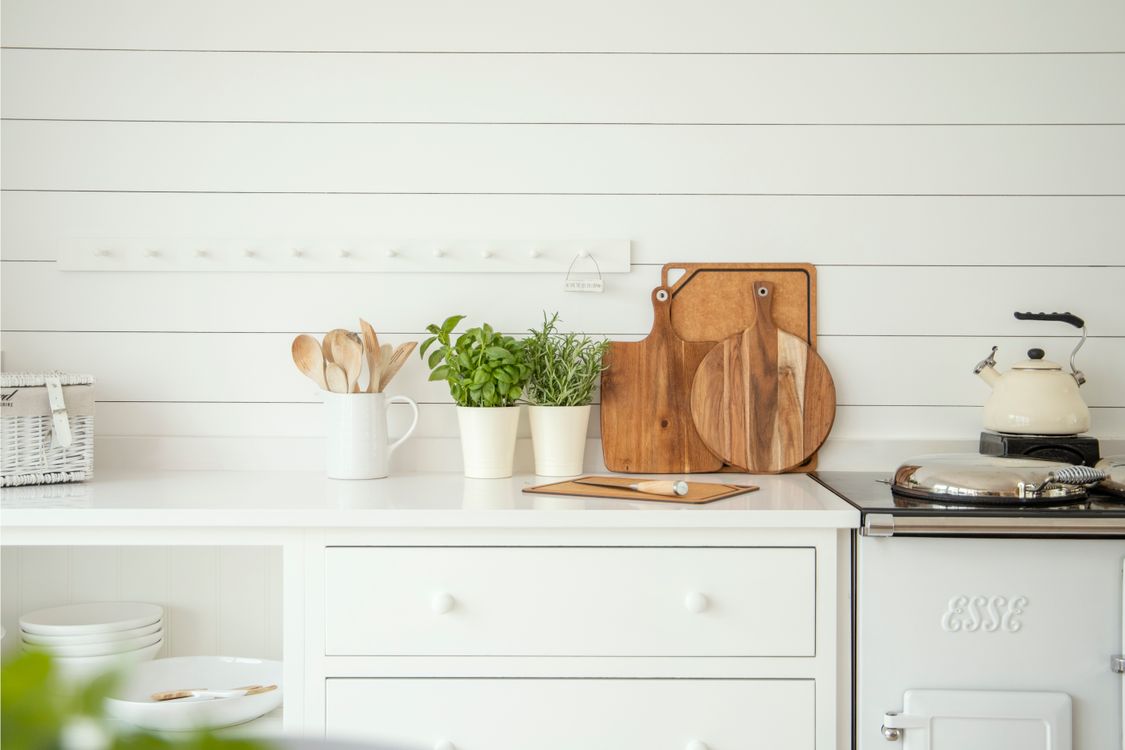 Basil and rosemary growing in pots on a kitchen counter