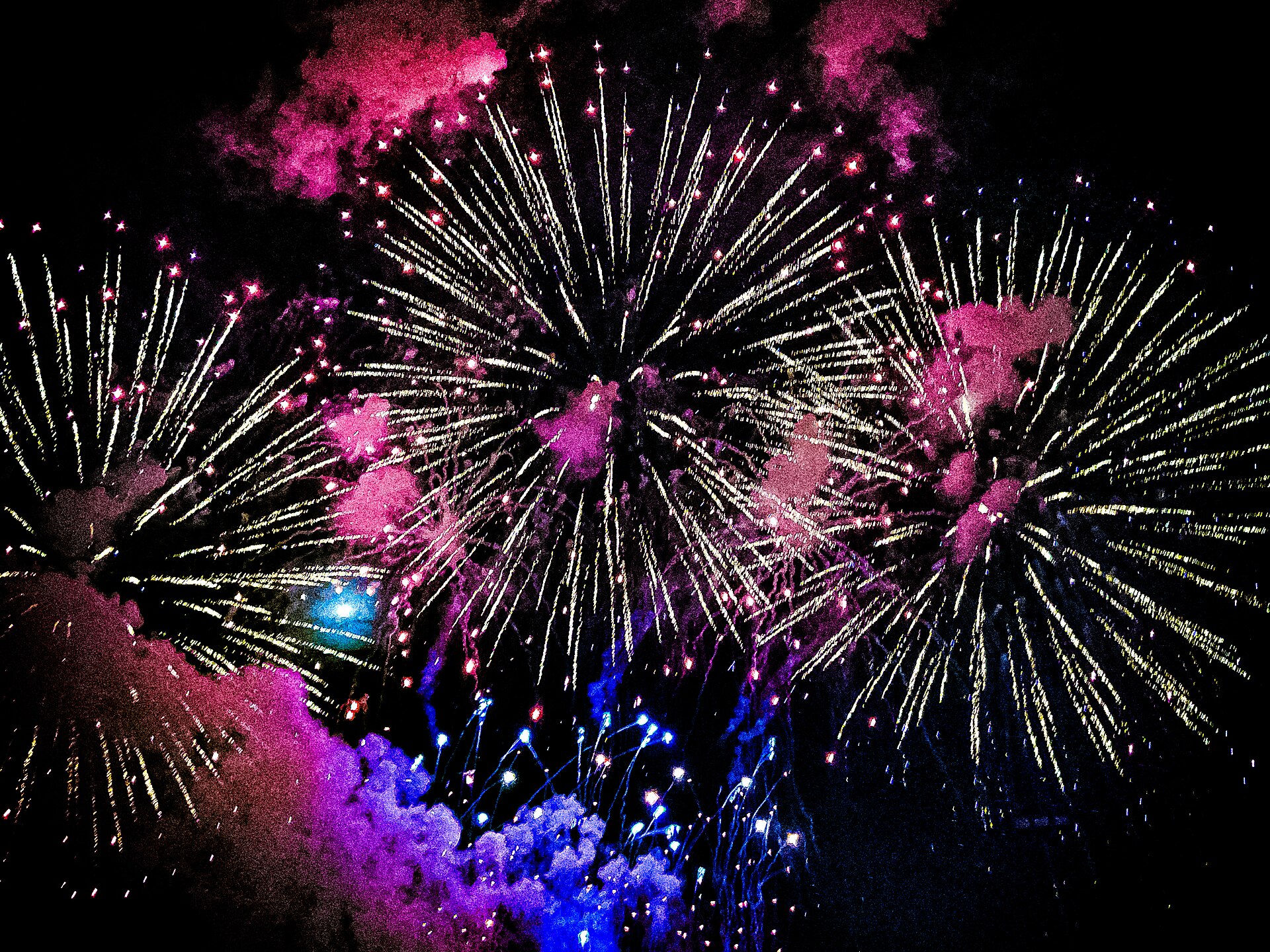 Fireworks bursting across a dark night sky