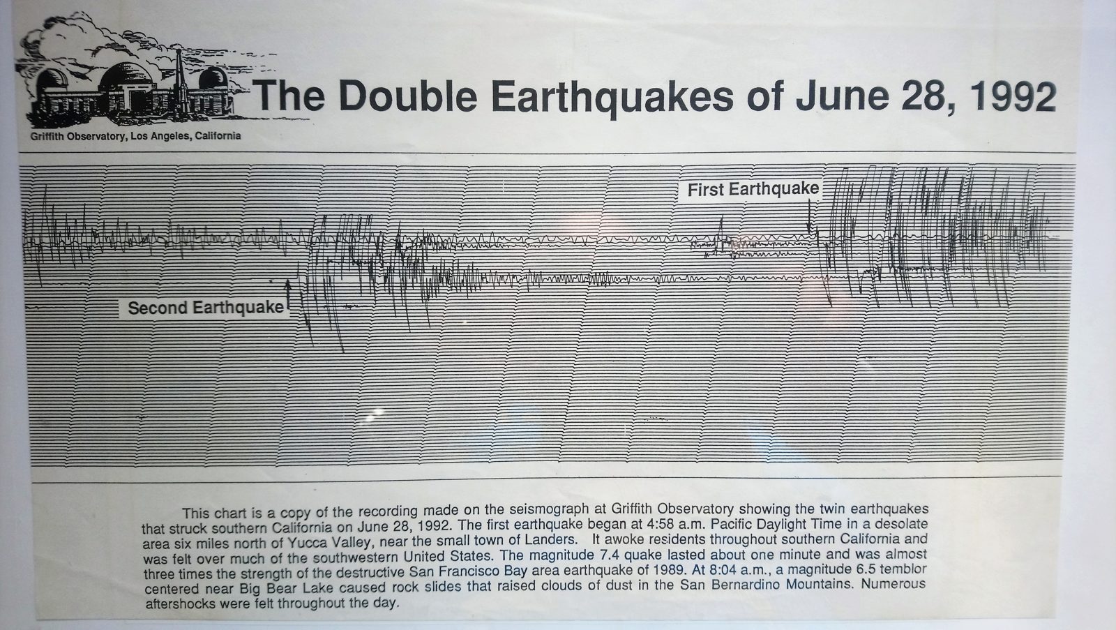 A seismograph printout shows quake waves