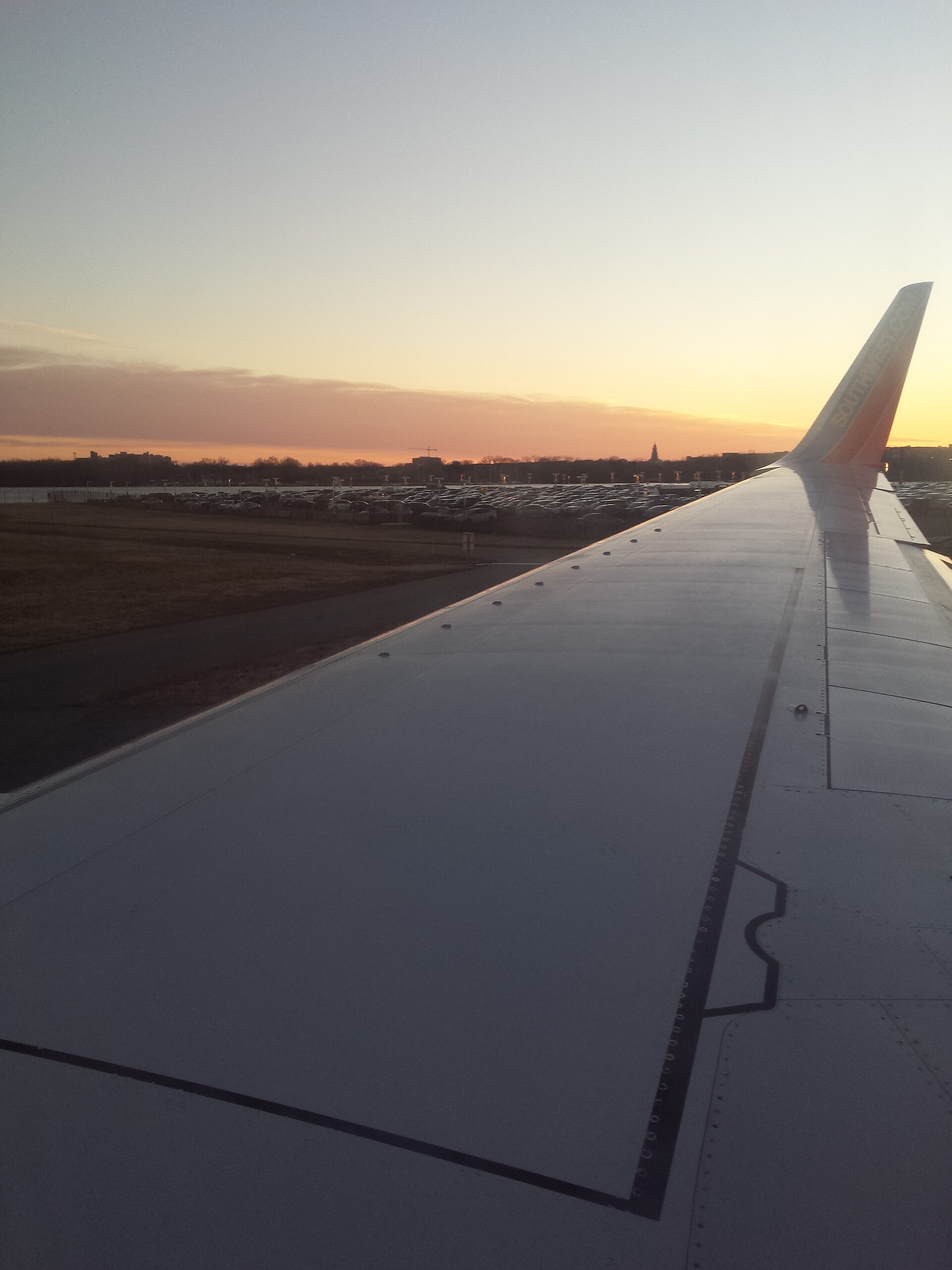 A commercial airplane wing, starboard side
