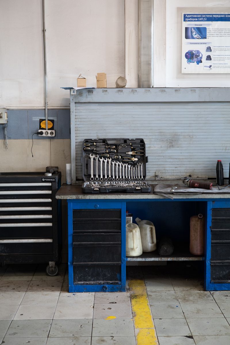 A set of mechanic tools on top of a cabinet